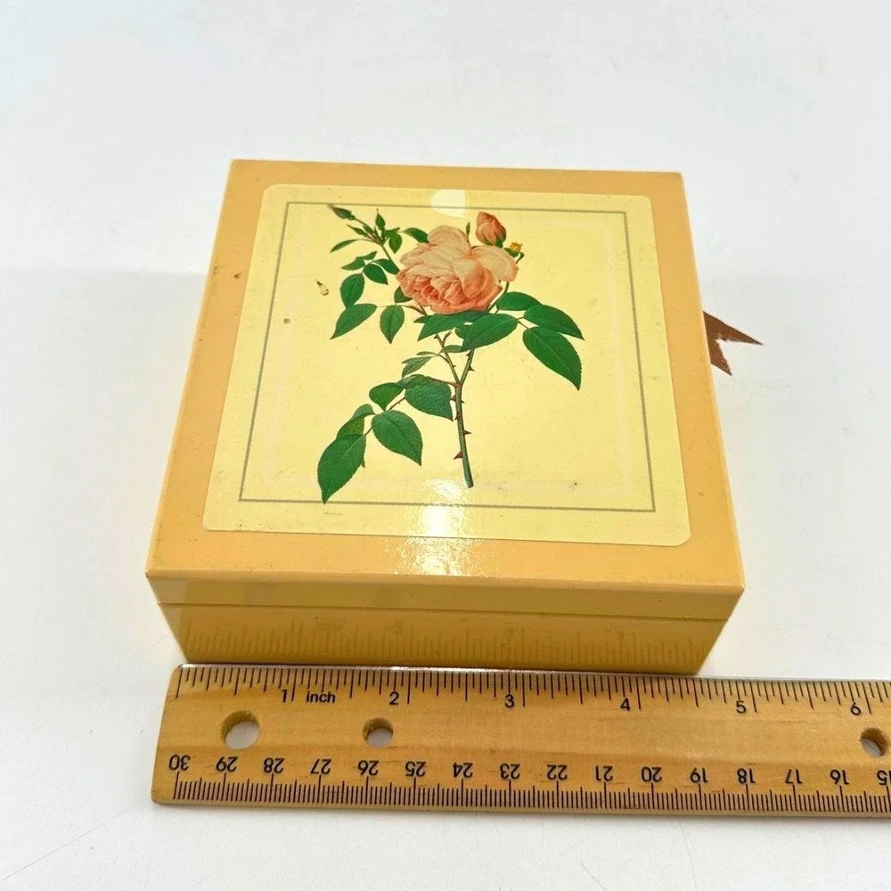 Vintage Botanical Rose Coaster Set of 6 Cottagecore Wooden Storage Box Cork Back